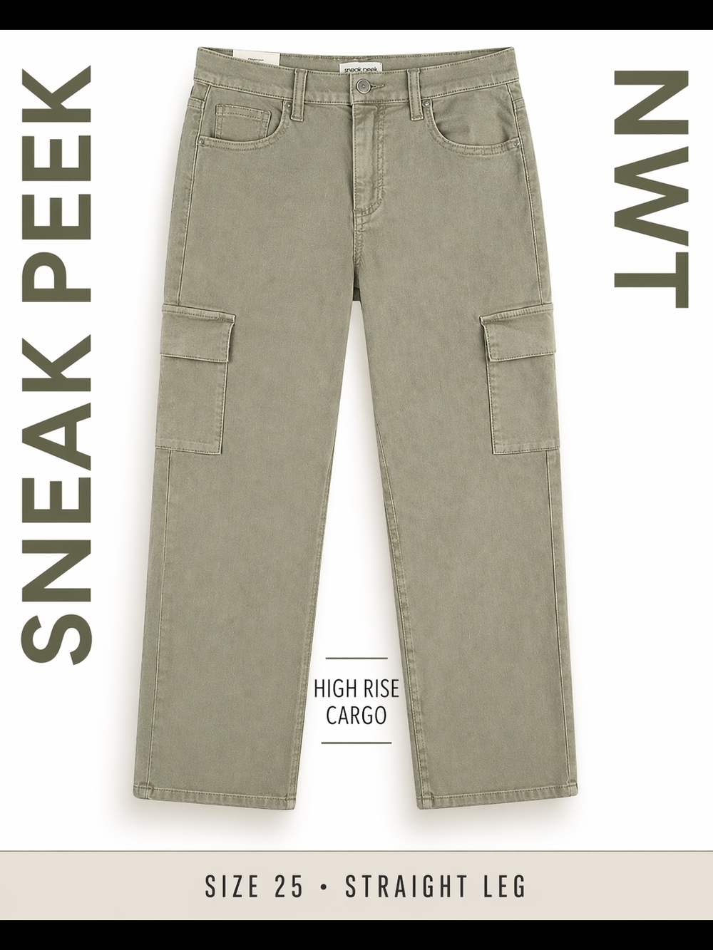 Sneak Peek High Rise Straight Leg Cargo Pants Size 25 NWT Olive Green Utility
